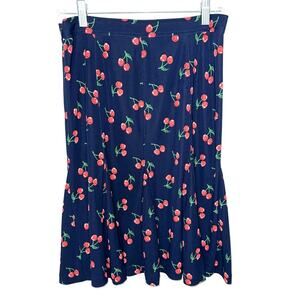 Talbots Navy Blue Cherry Print Retro Knee Length Skirt Size 2